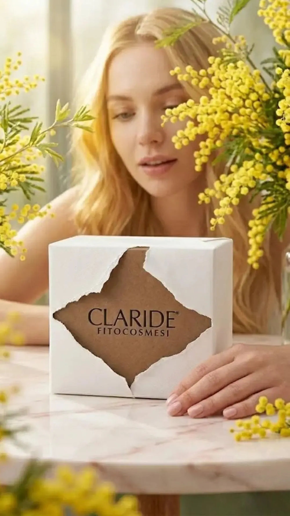 modella bionda che prende la scatola marrone di claride fitocosmesi con la mano.