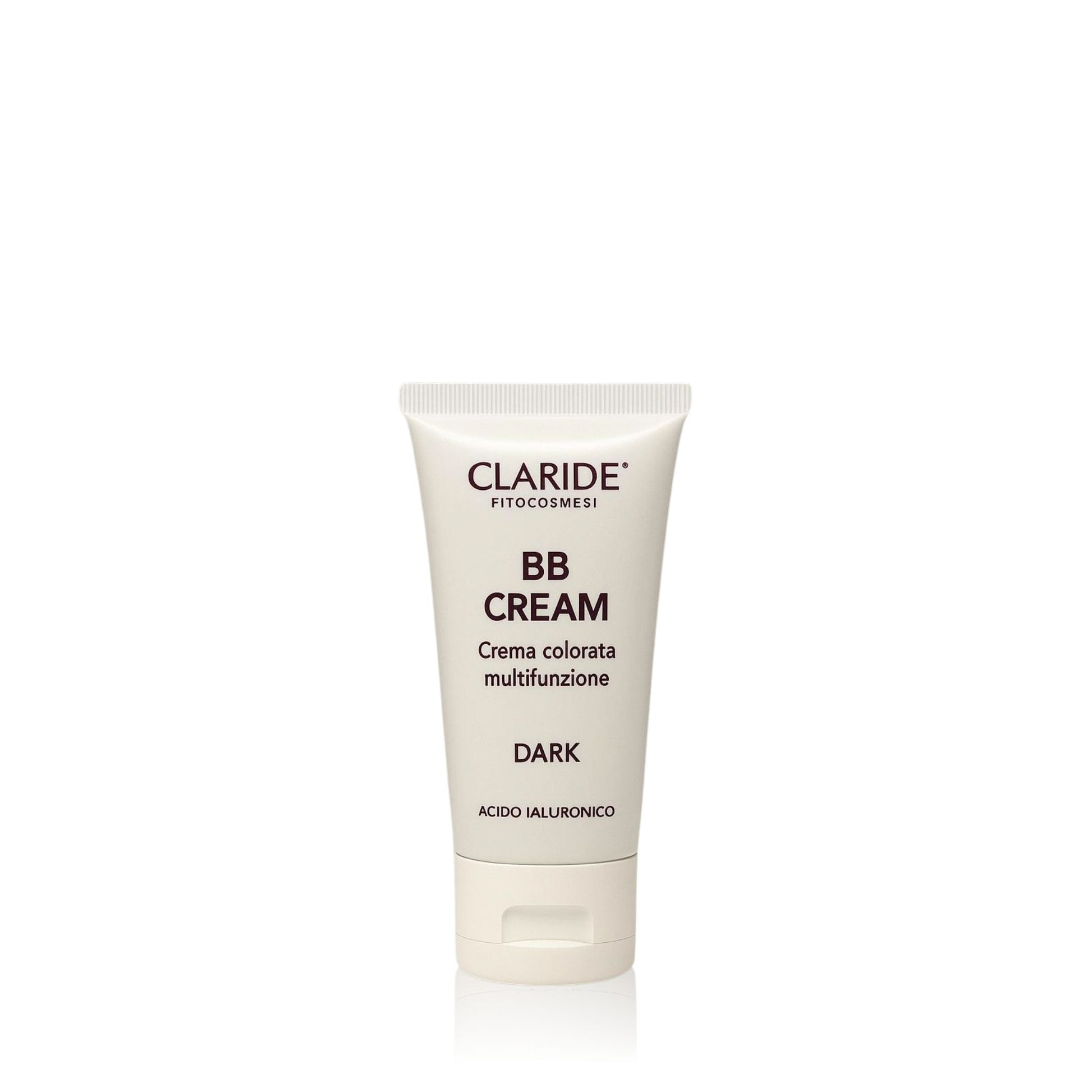 Primo piano del tubo di BB Cream Claride Fitocosmesi, Crema con Acuq Shuttle multifunzione nella tonalità DARK, arricchita con Acido Ialuronico, formato 50 ml.