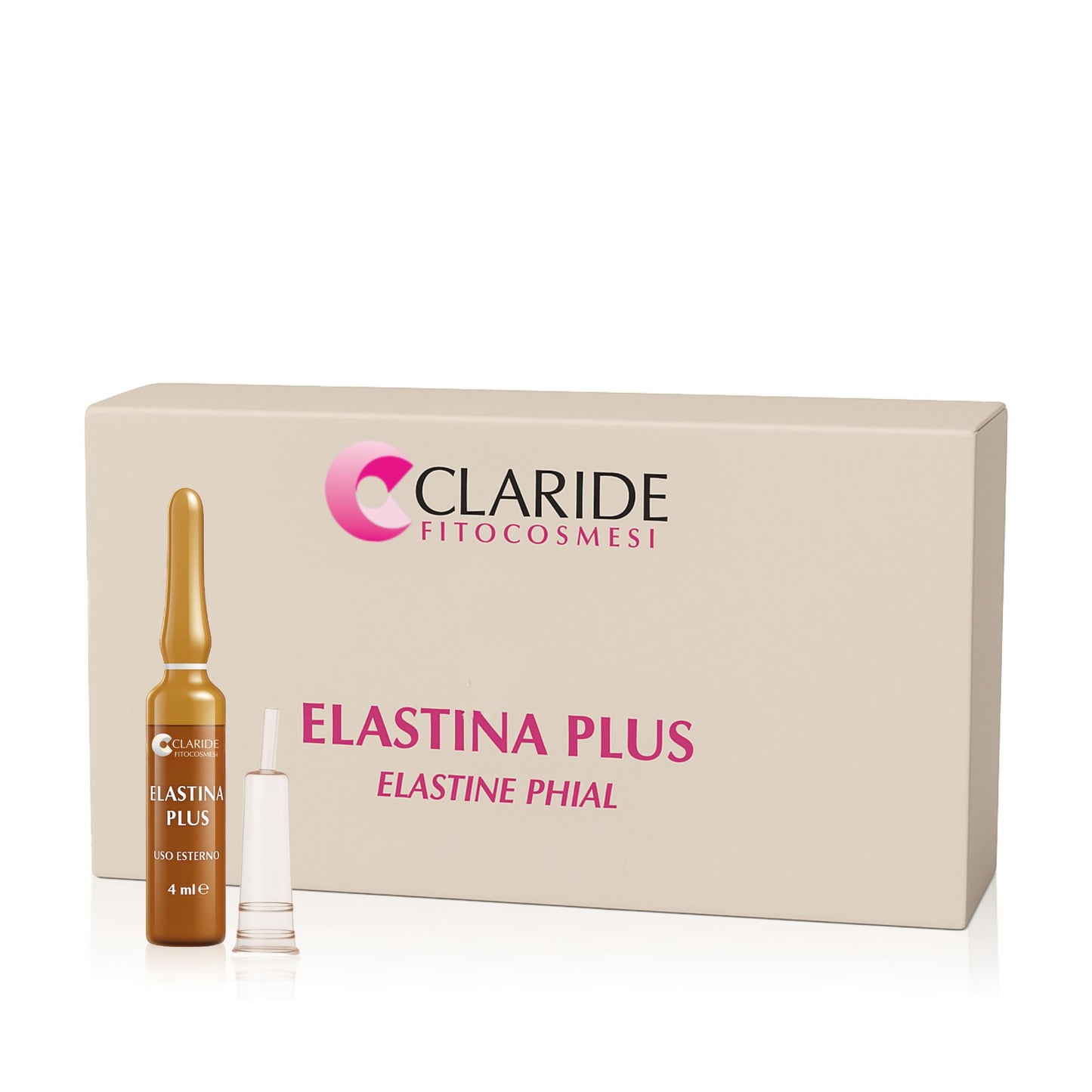 Confezione di Claride Fitocosmesi Elastina Plus, una fiala singola aperta con beccuccio applicatore e la scatola delle 10 fiale Antiage Antietà Elasticizzante Viso e Décolleté con Sericina, 4 mL