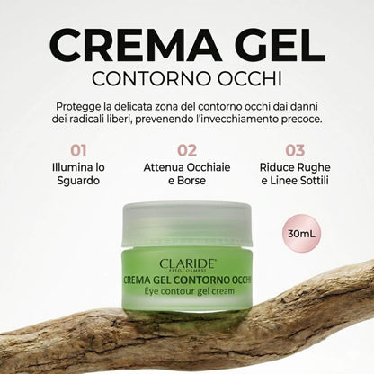 Infografica illustrativa della Crema Gel Contorno Occhi da 30ml a marchio Claride Fitocosmesi, con il vasetto appoggiato su un ramo di legno naturale. Il testo evidenzia i tre benefici principali: illumina lo sguardo, attenua occhiaie e borse, e riduce rughe e linee sottili, proteggendo la pelle dai radicali liberi.
