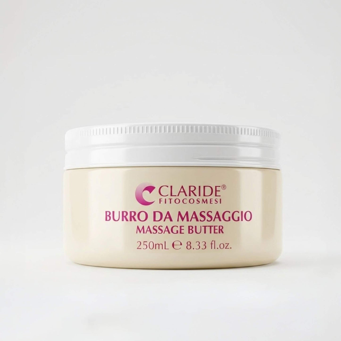 Vaso color panna da 250ml di Burro da Massaggio Claride Fitocosmesi. Trattamento corpo dalla texture ricca e fondente, ideale per agevolare il massaggio prolungato e per nutrire intensamente la pelle secca e screpolata, su fondo bianco.