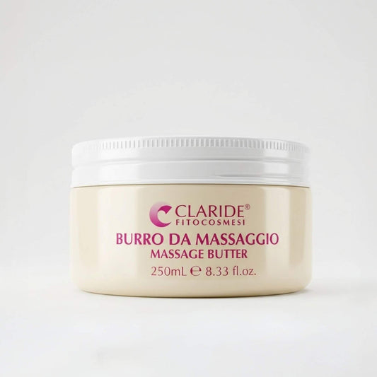 Vaso color panna da 250ml di Burro da Massaggio Claride Fitocosmesi. Trattamento corpo dalla texture ricca e fondente, ideale per agevolare il massaggio prolungato e per nutrire intensamente la pelle secca e screpolata, su fondo bianco.