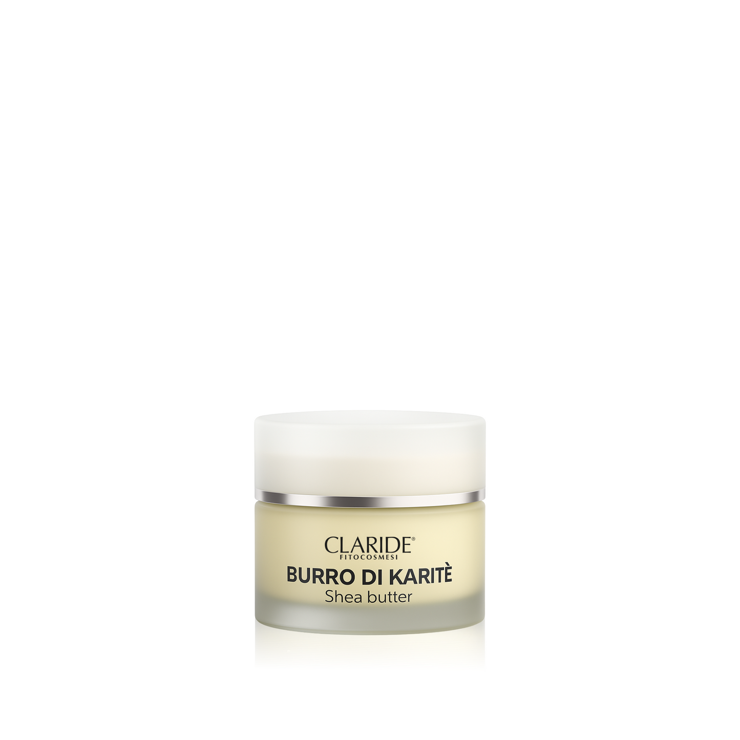 Vasetto del Burro di Karitè puro di Claride Fitocosmesi su sfondo bianco, nutriente per pelle secca