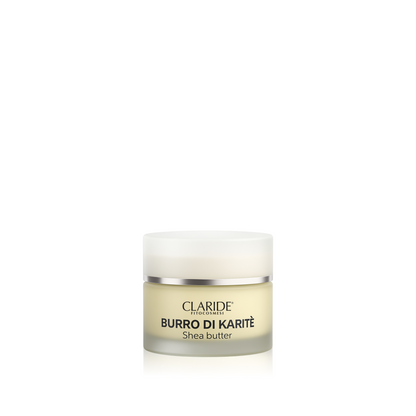 Vasetto del Burro di Karitè puro di Claride Fitocosmesi su sfondo bianco, nutriente per pelle secca
