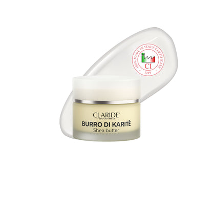 Vasetto di Burro di Karitè Claride Fitocosmesi con texture e bollino del certificato ufficiale 100% Made in Italy ITPI.