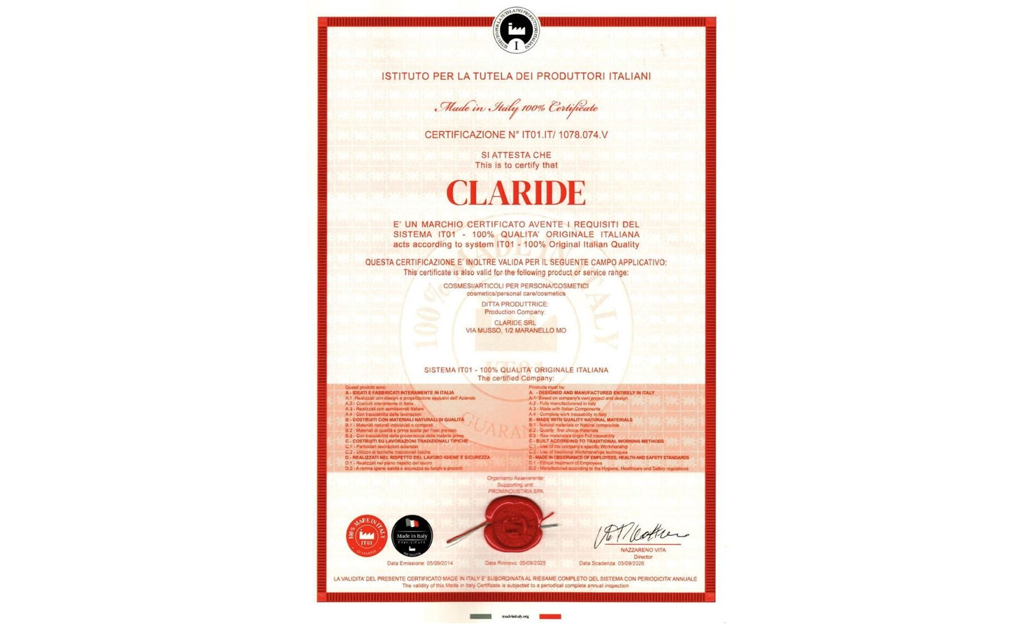 Certificato Ufficiale Made in Italy 100% Qualità Originale per Claride Srl, produttore di fitocosmetici professionali.