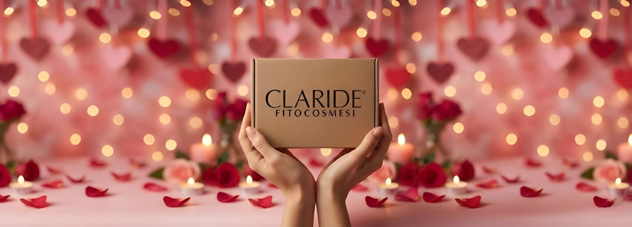 Box regalo Claride Fitocosmesi su sfondo rosa con cuori e candele per la promozione di San Valentino.