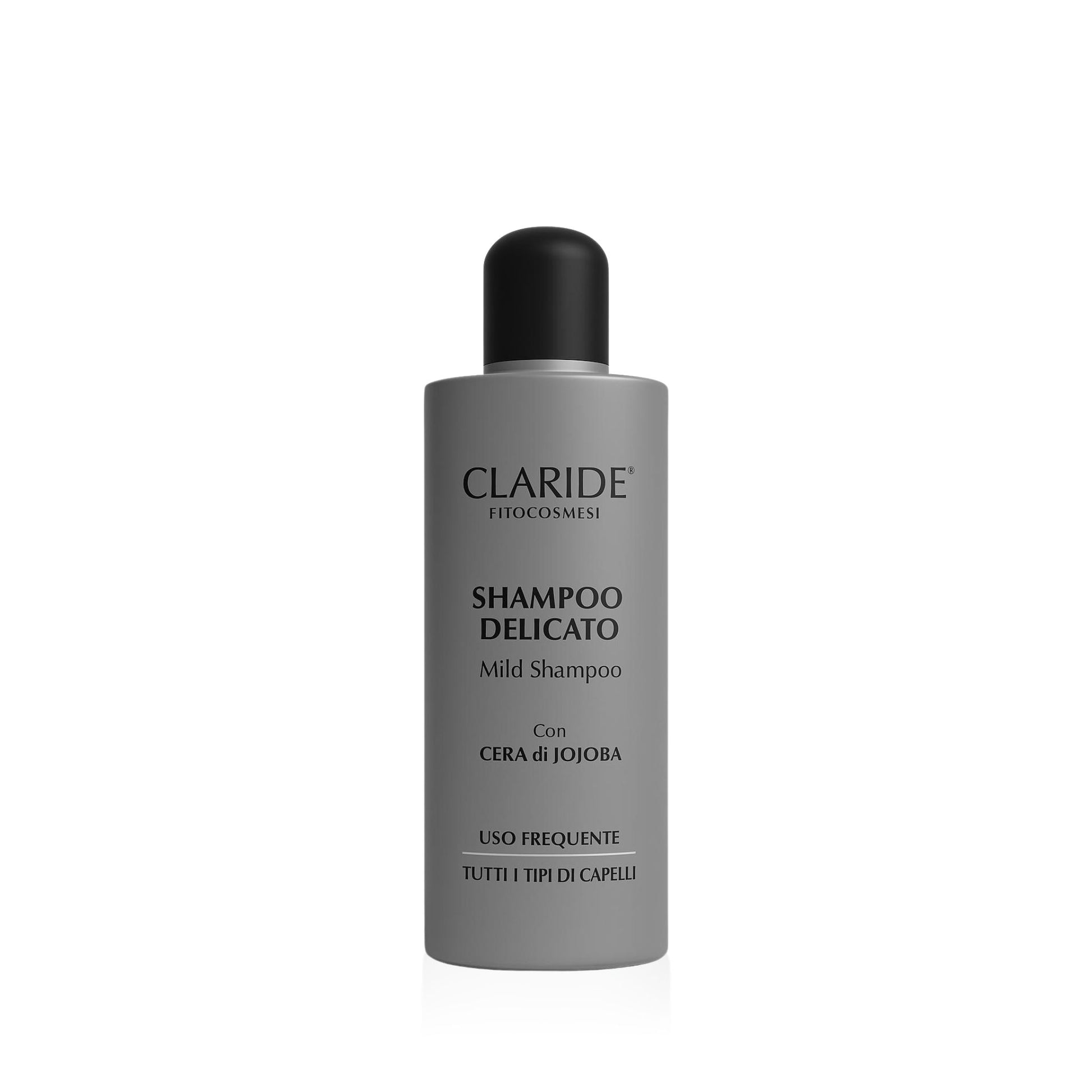 Flacone di shampoo delicato Claride Fitocosmesi, con formula a base di cera di jojoba, indicato per l'uso quotidiano e adatto a tutti i tipi di capelli. Ideale per chi cerca uno shampoo idratante e non aggressivo.