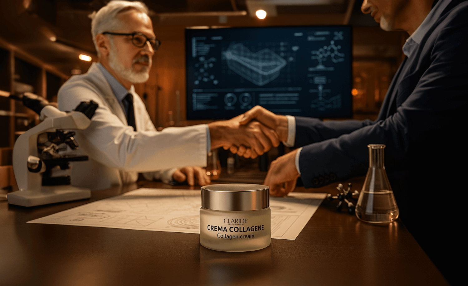 Efficacia della Crema Collagene anti-età Claride Fitocosmesi dimostrata dalla ricerca scientifica, con stretta di mano tra un chimico ricercatore claride fitocosmesi e un cliente.