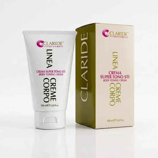 Tubo bianco e astuccio panna con inserto verde oliva della Crema Super Tono STI Claride Fitocosmesi. Crema corpo da 150ml ad azione rassodante, tonificante ed elasticizzante per contrastare il rilassamento cutaneo, su fondo bianco.