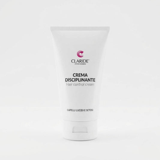 Tubo bianco della Crema Disciplinante Claride Fitocosmesi. Trattamento per capelli (Hair control cream) ad azione anticrespo, formulato per domare le lunghezze ribelli e rendere la chioma immediatamente lucida, setosa e facile da pettinare, su fondo bianco.