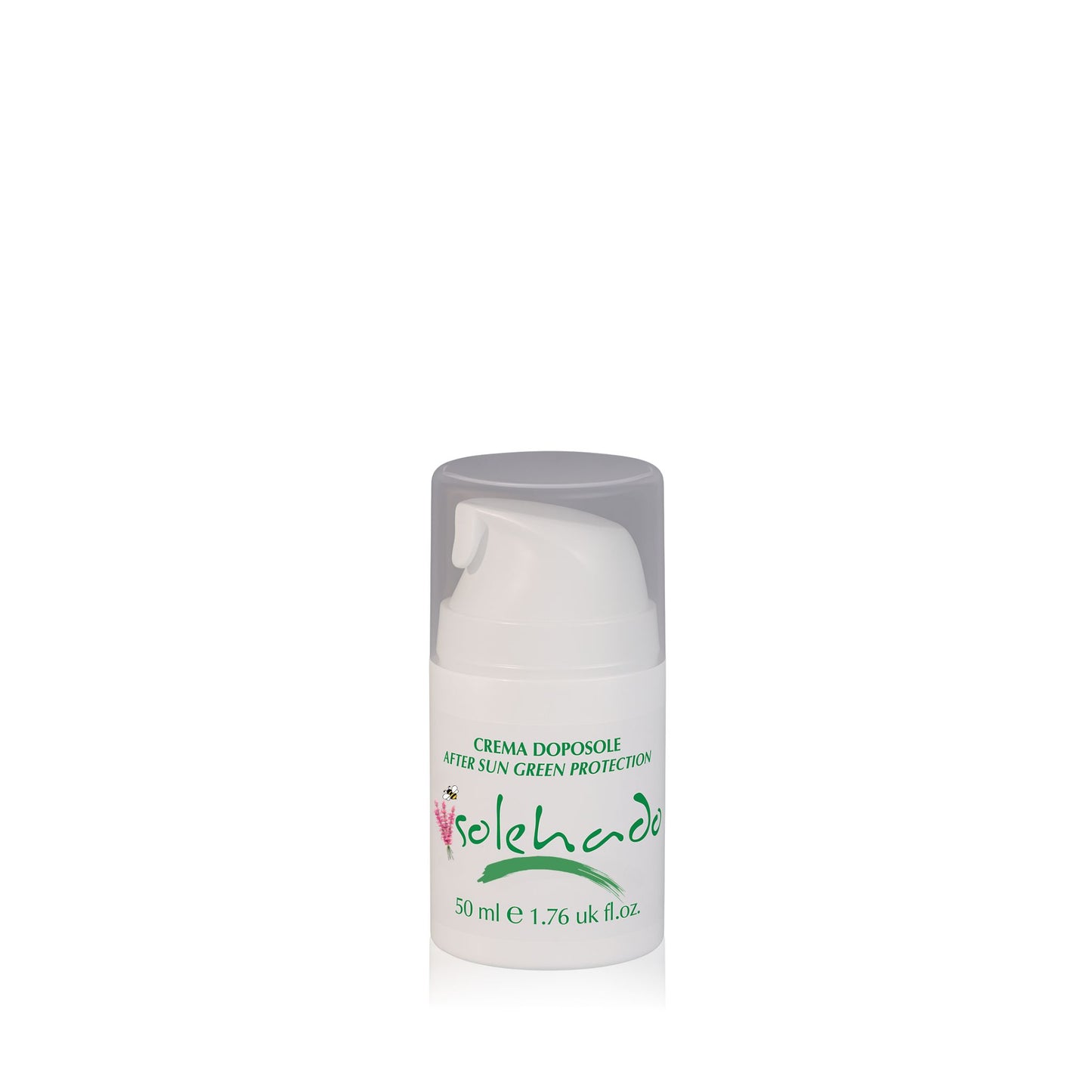 Crema doposole lenitiva Solehado in flacone airless da 50ml per pelli sensibili.