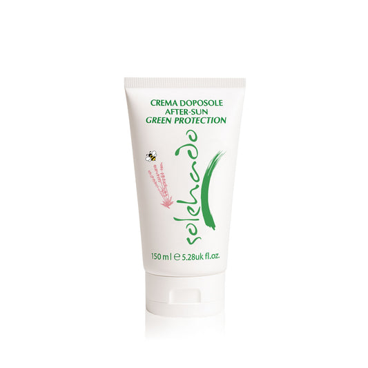 Crema doposole Solehado Green Protection in tubo formato famiglia da 150 ml, ideale per l'idratazione della pelle dopo il sole.