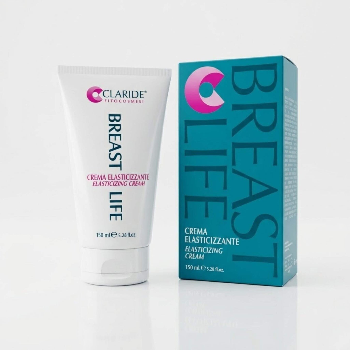 Tubo bianco da 150ml e confezione blu della Crema Elasticizzante Breast Life di Claride Fitocosmesi. Trattamento corpo idratante e rassodante per migliorare l'elasticità cutanea, adagiato su fondo bianco con riflesso.