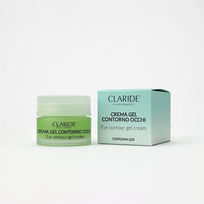 Fotografia di prodotto che mostra un vasetto di vetro della Crema Gel Contorno Occhi verde opaco e la sua scatola di imballaggio verde acqua chiaro, a marchio Claride Fitocosmesi. Il testo sulla confezione riporta chiaramente 'CREMA GEL CONTORNO OCCHI', 'Eye contour gel cream' e 'COENZIMA Q10'.