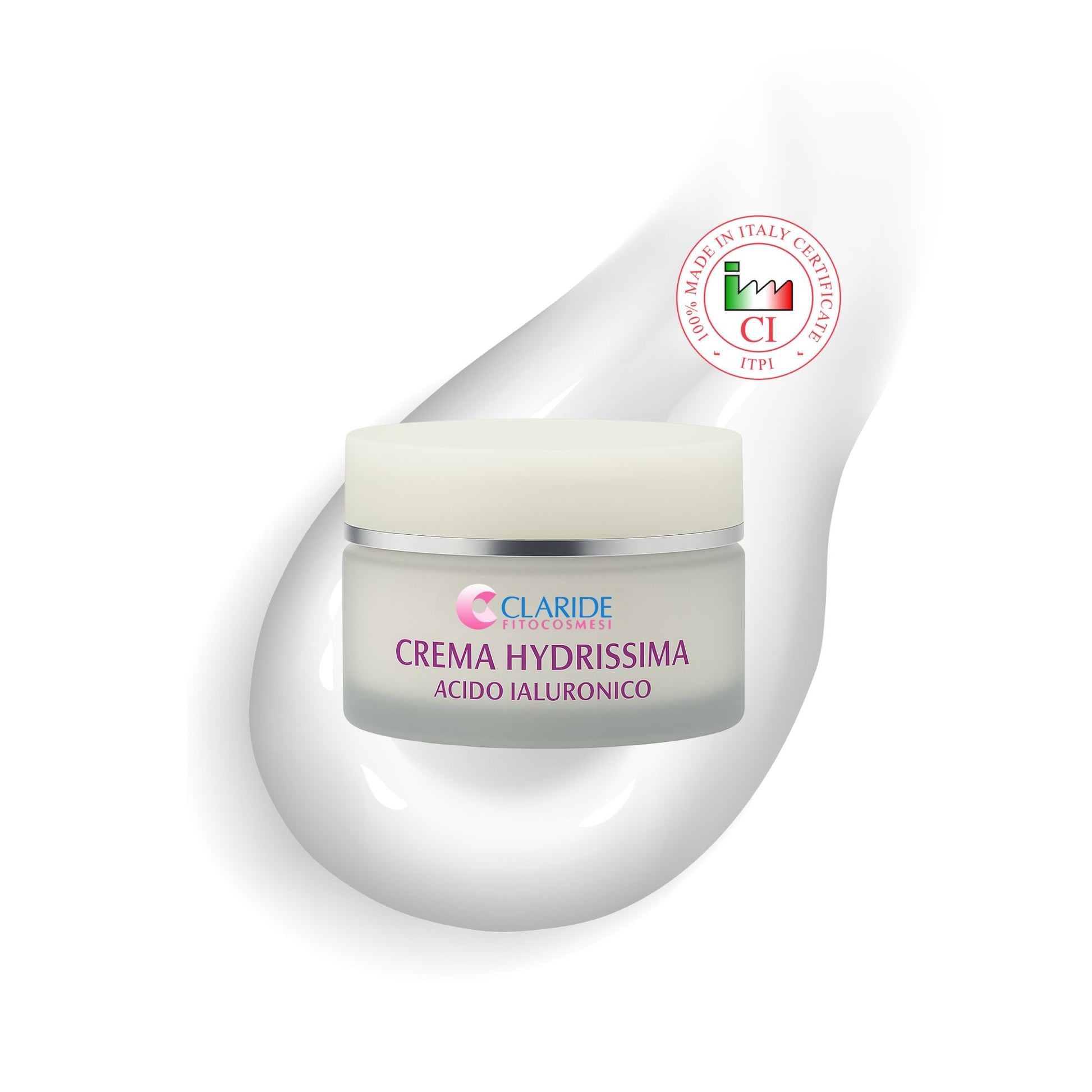 Vasetto della Crema Hydrissima Claride fitocosmesi con il sigillo ufficiale del certificato 100% Made in Italy ITPI, a garanzia di qualità.