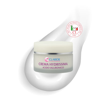 Vasetto della Crema Hydrissima Claride fitocosmesi con il sigillo ufficiale del certificato 100% Made in Italy ITPI, a garanzia di qualità.