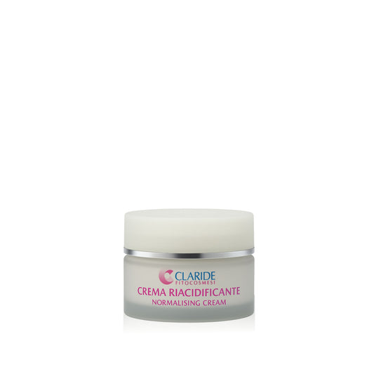 Vaso della Crema Riacidificante lenitiva Claride Fitocosmesi da 50 ml per pelli sensibili, con Pantenolo e Camomilla. Ideale per riequilibrare il pH e come dopobarba.