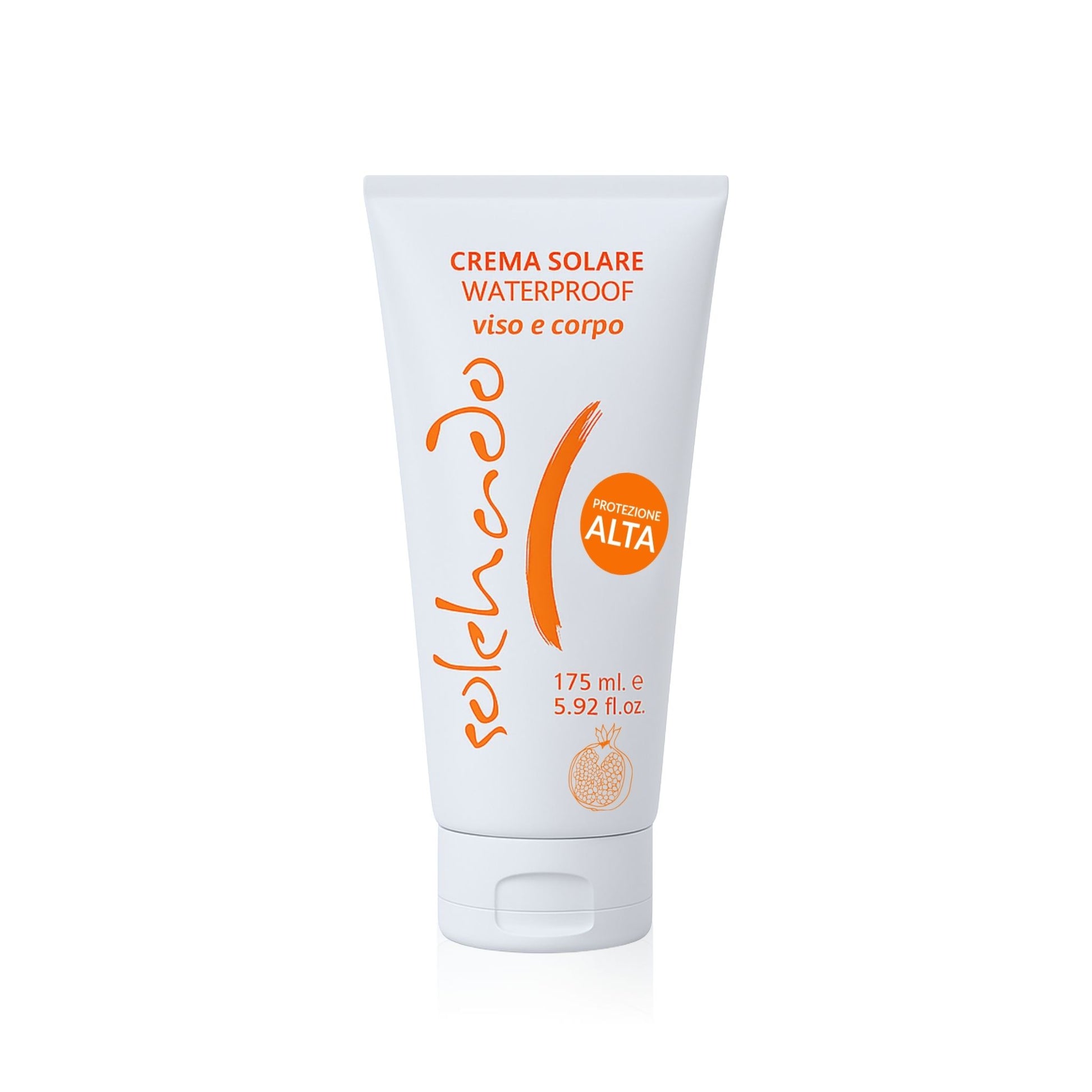 Tubo di Crema Solare Alta Protezione Waterproof al Melograno per viso e corpo Solehado di Claride Fitocosmesi da 175 ml, ideale per pelli chiare e sensibili.