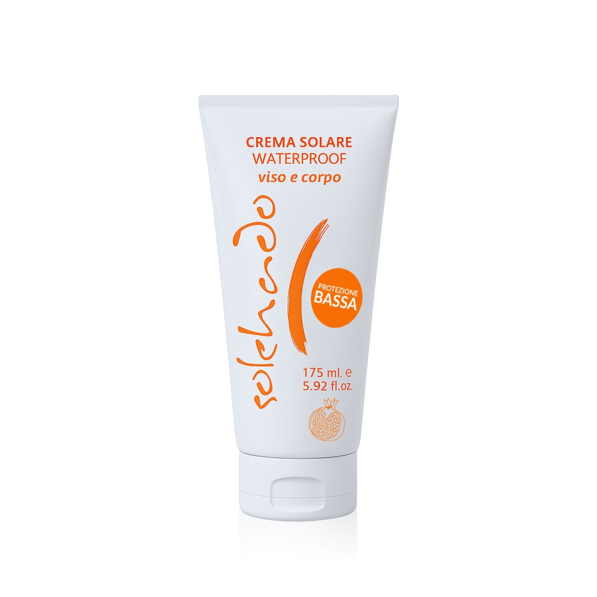 Tubo di Crema Solare Bassa Protezione Waterproof al Melograno per viso e corpo Solehado Claride Fitocosmesi da 175 ml, ideale per pelli scure o già abbronzate.