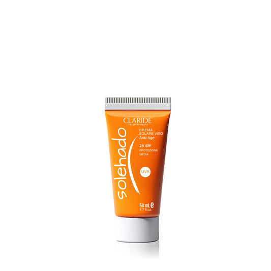 Tubo arancione della crema solare viso anti-age Solehado di Claride con protezione media SPF 25.