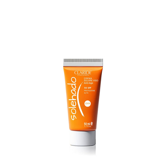 Crema solare viso anti-age Solehado con protezione alta SPF 50 e filtro UVA.