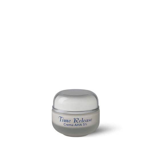 Vasetto della crema viso esfoliante Time Release con Acido Mandelico AHA al 5% su sfondo bianco.