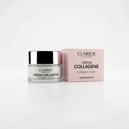 Vasetto in vetro satinato con tappo argento e scatola rosa della Crema Collagene Claride Fitocosmesi. Trattamento viso rassodante e anti-age (Collagen Cream) arricchito con Proteine Attive per ridensificare e sostenere la pelle, su fondo bianco con riflesso.