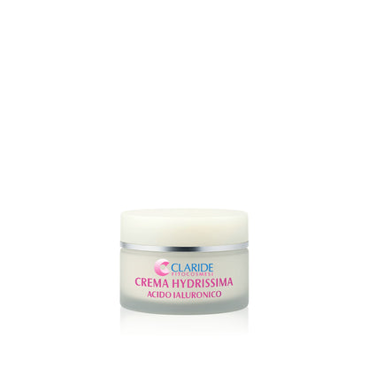Vasetto della Crema viso Hydrissima con acido ialuronico di Claride Fitocosmesi su sfondo bianco.
