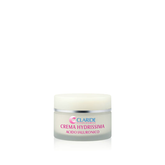 Vasetto della Crema viso Hydrissima con acido ialuronico di Claride Fitocosmesi su sfondo bianco.