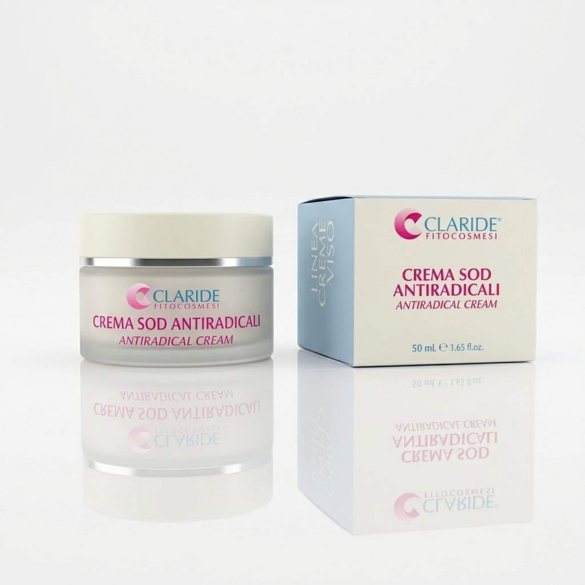 Vasetto in vetro satinato e scatola della Crema SOD Antiradicali a marchio Claride Fitocosmesi. Trattamento della Linea Creme Viso, con testi in italiano e inglese, adagiato su una superficie bianca con riflesso a specchio.