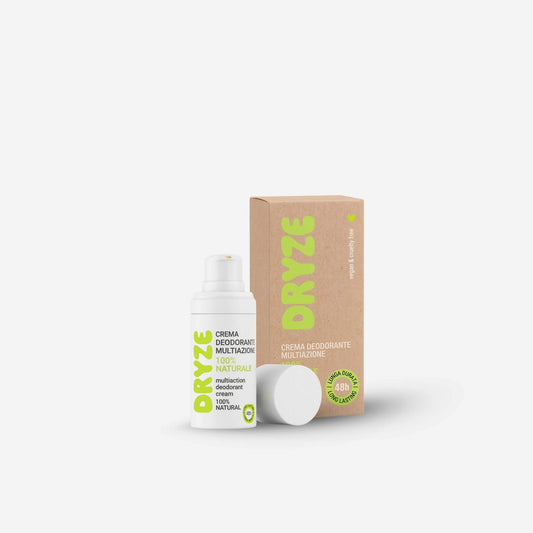 Flacone Airless da 15ml e scatola in cartone del Deodorante in Crema DRYZE di Claride Fitocosmesi. Trattamento 100% naturale, vegan e cruelty free con protezione 48h. Formato compatto ideale da viaggio, su fondo neutro.