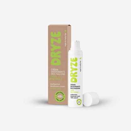Flacone Airless da 50ml e confezione in cartone del Deodorante in Crema Multiazione DRYZE di Claride Fitocosmesi. Formula 100% naturale, vegan e cruelty free con efficacia 48h. Formato standard per uso quotidiano, su fondo neutro.