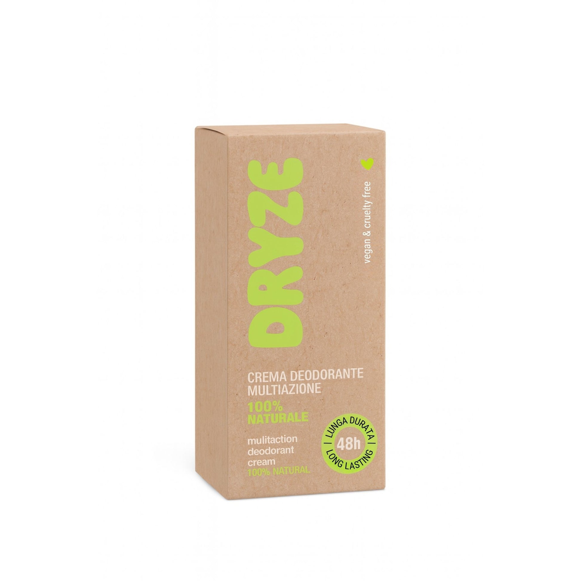 Scatola di cartone riciclato per il deodorante in crema multi-azione DRYZE da 15 ml. La scatola è marrone chiaro con il logo "DRYZE" in verde brillante. Sulla confezione si legge "CREMA DEODORANTE MULTIAZIONE 100% NATURALE" e "LUNGA DURATA 48h LONG LASTING". Nell'angolo in alto a destra è presente una piccola icona a forma di cuore con la scritta "vegan & cruelty free