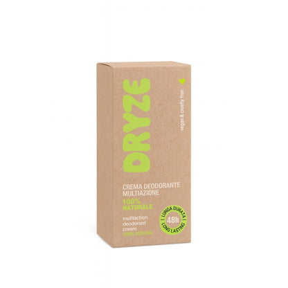 Scatola di cartone riciclato per il deodorante in crema multi-azione DRYZE da 15 ml. La scatola è marrone chiaro con il logo "DRYZE" in verde brillante. Sulla confezione si legge "CREMA DEODORANTE MULTIAZIONE 100% NATURALE" e "LUNGA DURATA 48h LONG LASTING". Nell'angolo in alto a destra è presente una piccola icona a forma di cuore con la scritta "vegan & cruelty free