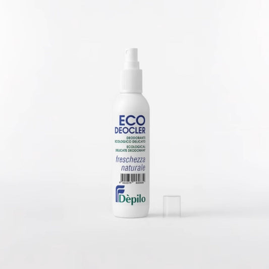 Flacone bianco di Eco Deocler, deodorante spray da 150ml, con tappo trasparente aperto