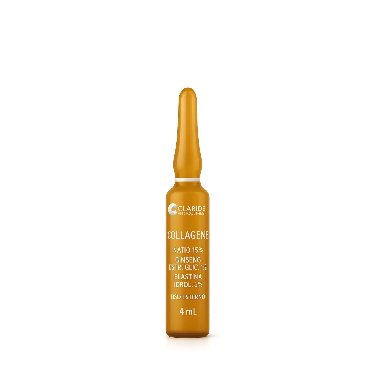 Fiala monodose di Claride Fitocosmesi con collagene, elastina e ginseng per un trattamento ristrutturante e tonificante di viso e décolleté.