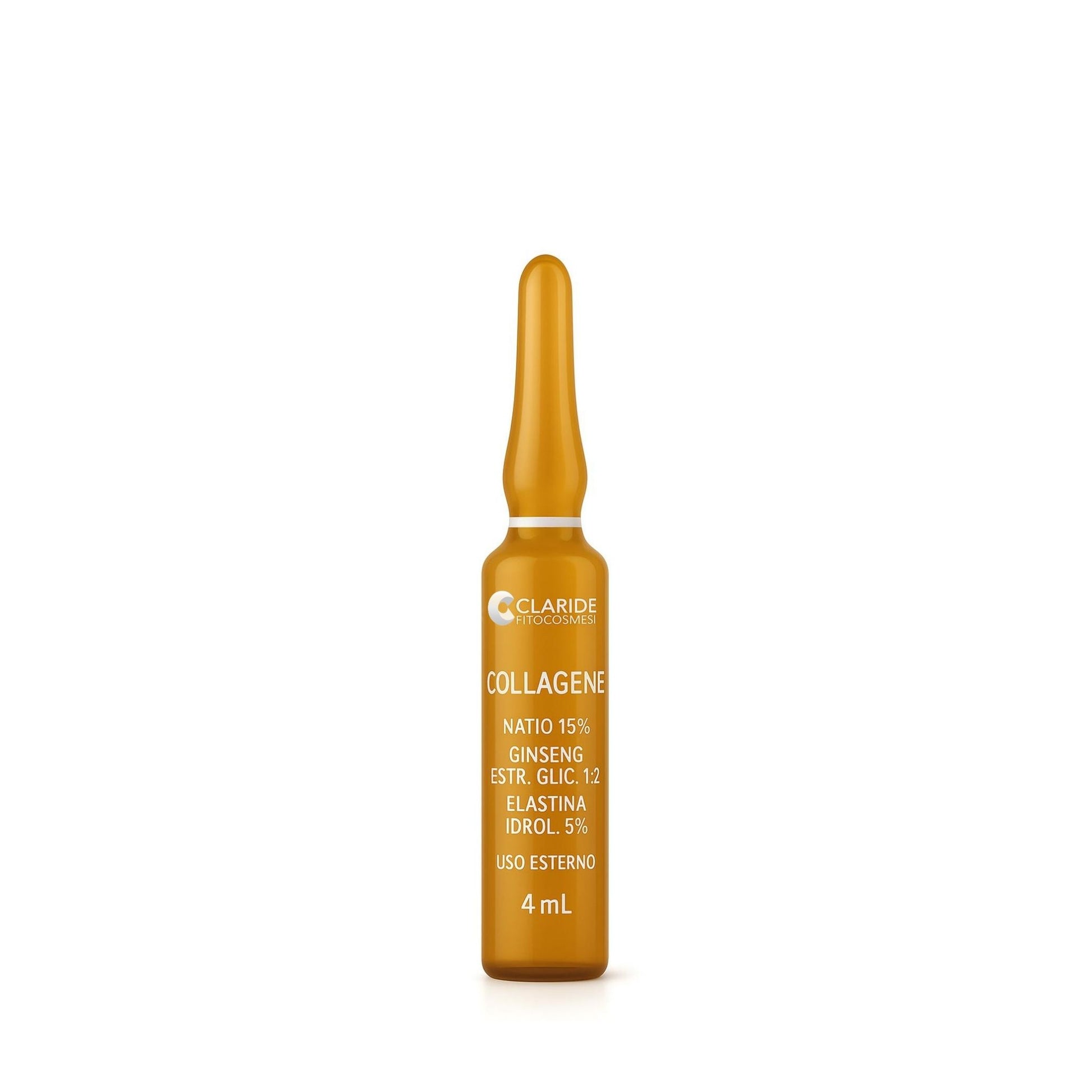 Fiala monodose di Claride Fitocosmesi con collagene, elastina e ginseng per un trattamento ristrutturante e tonificante di viso e décolleté.