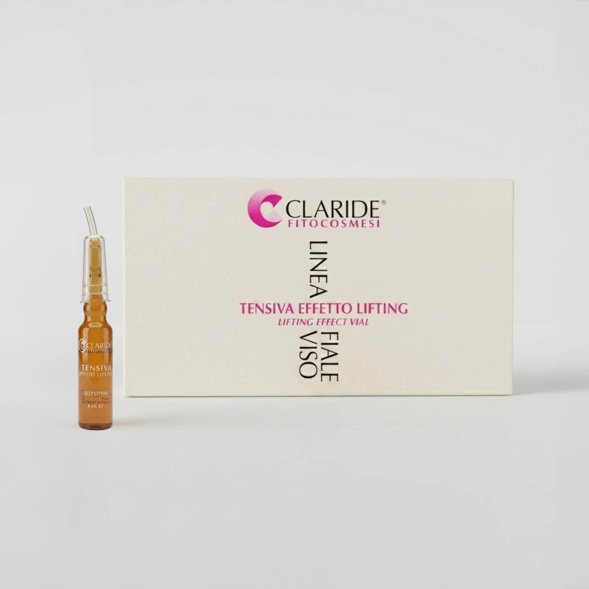 Scatola panna e fiala in vetro ambrato da 4ml con applicatore della Linea Fiale Viso Tensiva Effetto Lifting Claride Fitocosmesi. Siero concentrato ad azione tensore (Lifting Effect Vial) per distendere immediatamente le rughe, minimizzare i pori e cancellare i segni di stanchezza, su fondo grigio chiaro.