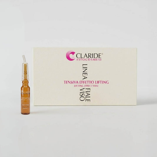 Scatola panna e fiala in vetro ambrato da 4ml con applicatore della Linea Fiale Viso Tensiva Effetto Lifting Claride Fitocosmesi. Siero concentrato ad azione tensore (Lifting Effect Vial) per distendere immediatamente le rughe, minimizzare i pori e cancellare i segni di stanchezza, su fondo grigio chiaro.