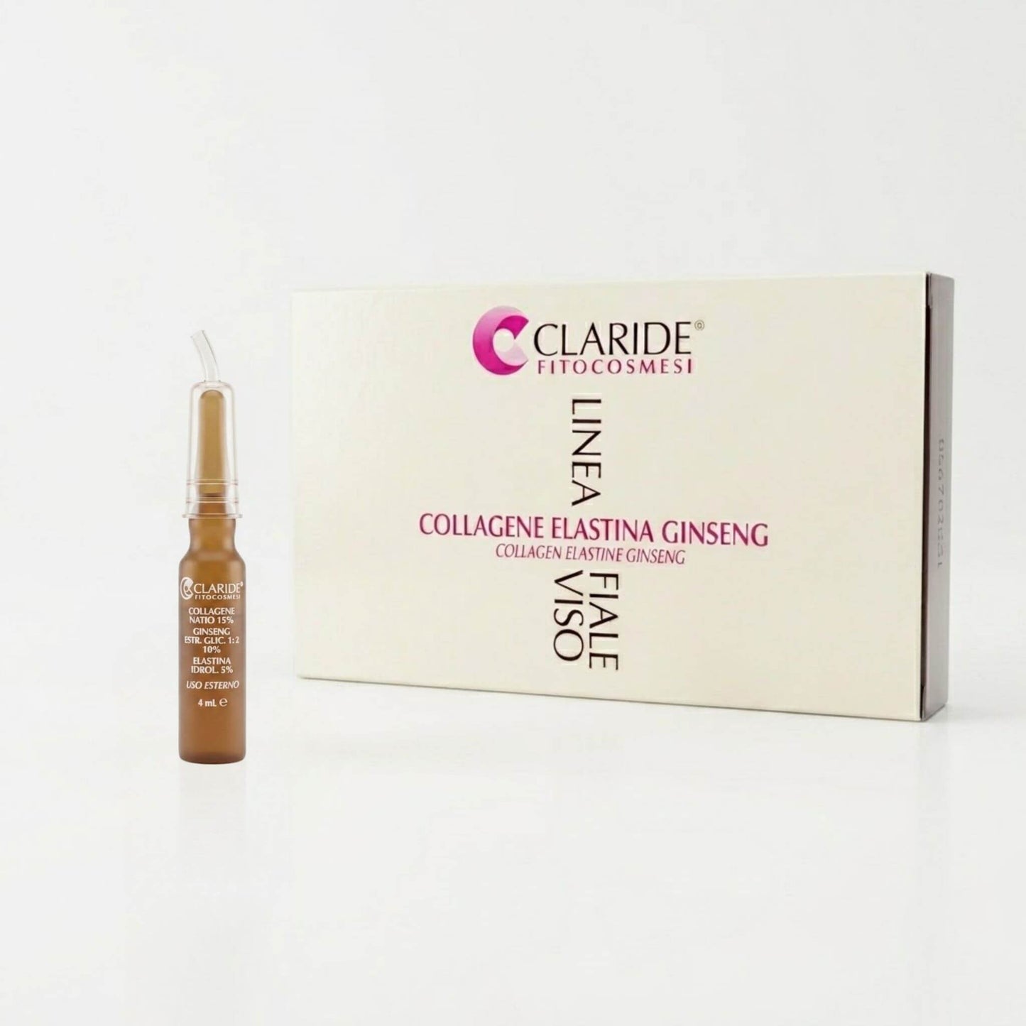 Scatola panna e singola fiala in vetro ambrato da 4ml della Linea Fiale Viso Claride Fitocosmesi. Siero concentrato intensivo con Collagene, Elastina e Ginseng ad azione rassodante ed energizzante per contrastare le rughe e il rilassamento cutaneo, su fondo bianco con riflesso.