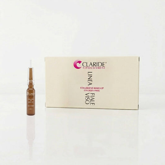 Scatola panna e fiala in vetro ambrato da 4ml con applicatore della Linea Fiale Viso Collagene Make-Up Claride Fitocosmesi. Siero concentrato (Collagen Phial) ad azione rimpolpante e distensiva, ideale come base trucco primer per preparare la pelle, su fondo bianco con riflesso.