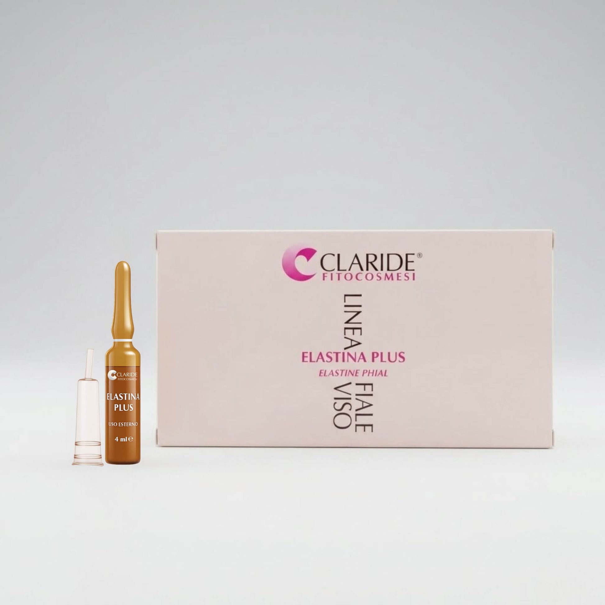 Scatola panna e fiala in vetro ambrato da 4ml con applicatore della Linea Fiale Viso Elastina Plus Claride Fitocosmesi. Siero concentrato intensivo (Elastine Phial) ad azione elasticizzante e rassodante per contrastare le rughe e la perdita di tono del viso, su fondo grigio chiaro.