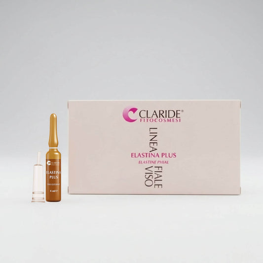 Scatola panna e fiala in vetro ambrato da 4ml con applicatore della Linea Fiale Viso Elastina Plus Claride Fitocosmesi. Siero concentrato intensivo (Elastine Phial) ad azione elasticizzante e rassodante per contrastare le rughe e la perdita di tono del viso, su fondo grigio chiaro.