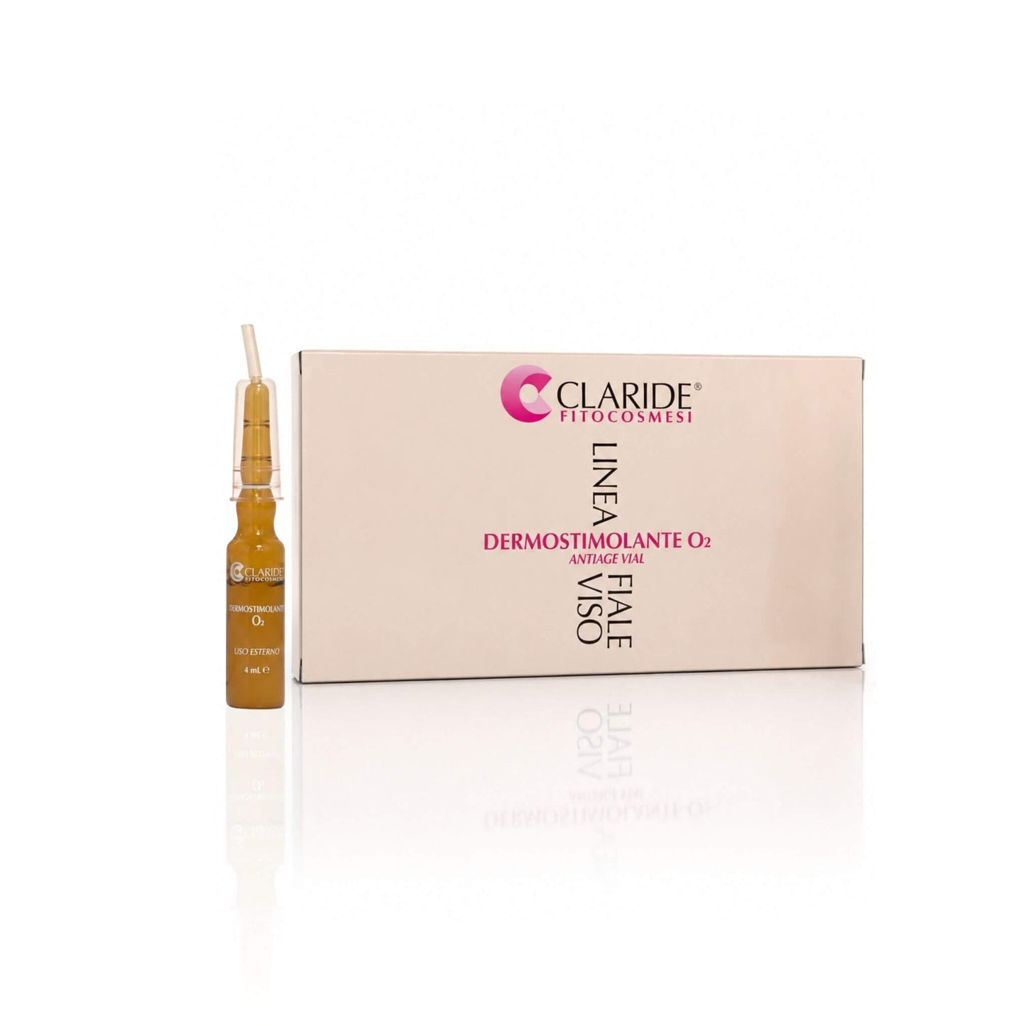 Fiala in vetro scuro con erogatore e scatola della Linea Dermostimolante O2 Claride Fitocosmesi. Siero viso intensivo ad azione ossigenante per risvegliare e illuminare la pelle asfittica e stressata dallo smog cittadino.