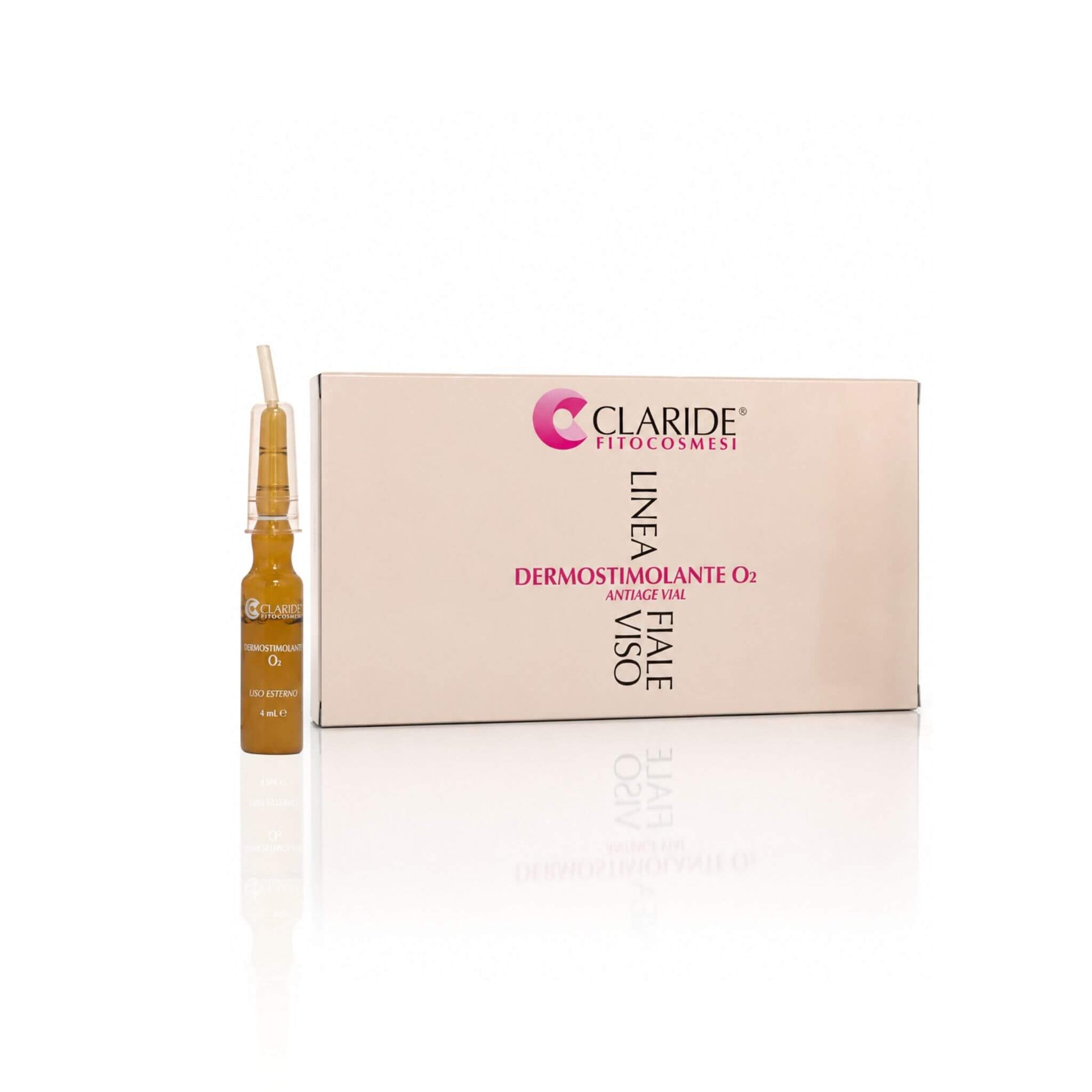 Fiala in vetro scuro con erogatore e scatola della Linea Dermostimolante O2 Claride Fitocosmesi. Siero viso intensivo ad azione ossigenante per risvegliare e illuminare la pelle asfittica e stressata dallo smog cittadino.