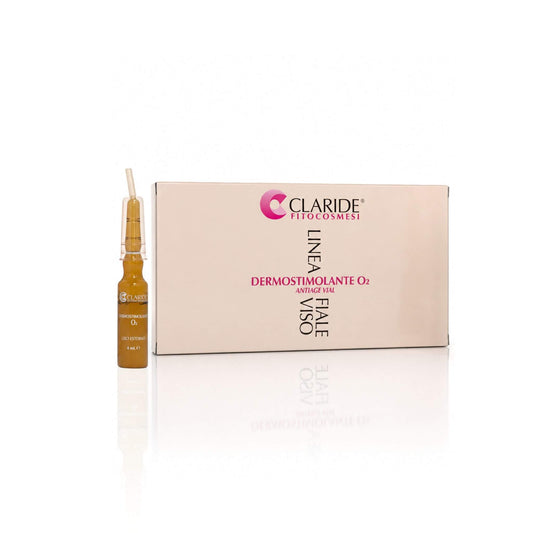 Fiala in vetro scuro con erogatore e scatola della Linea Dermostimolante O2 Claride Fitocosmesi. Siero viso intensivo ad azione ossigenante per risvegliare e illuminare la pelle asfittica e stressata dallo smog cittadino.
