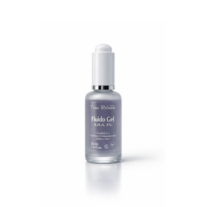 Flacone con contagocce del Fluido Gel AHA 3% di Time Release, un siero viso esfoliante e idratante da 30 ml per rinnovare la pelle.