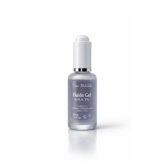 Flacone con contagocce del Fluido Gel AHA 3% di Time Release, un siero viso esfoliante e idratante da 30 ml per rinnovare la pelle.