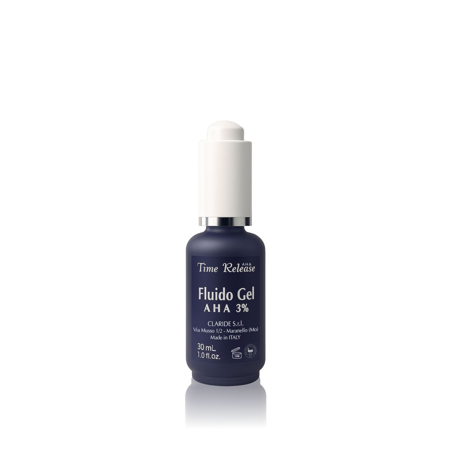 Flacone con contagocce del Fluido Gel AHA 3% di Time Release, un siero viso esfoliante e idratante da 30 ml per rinnovare la pelle.